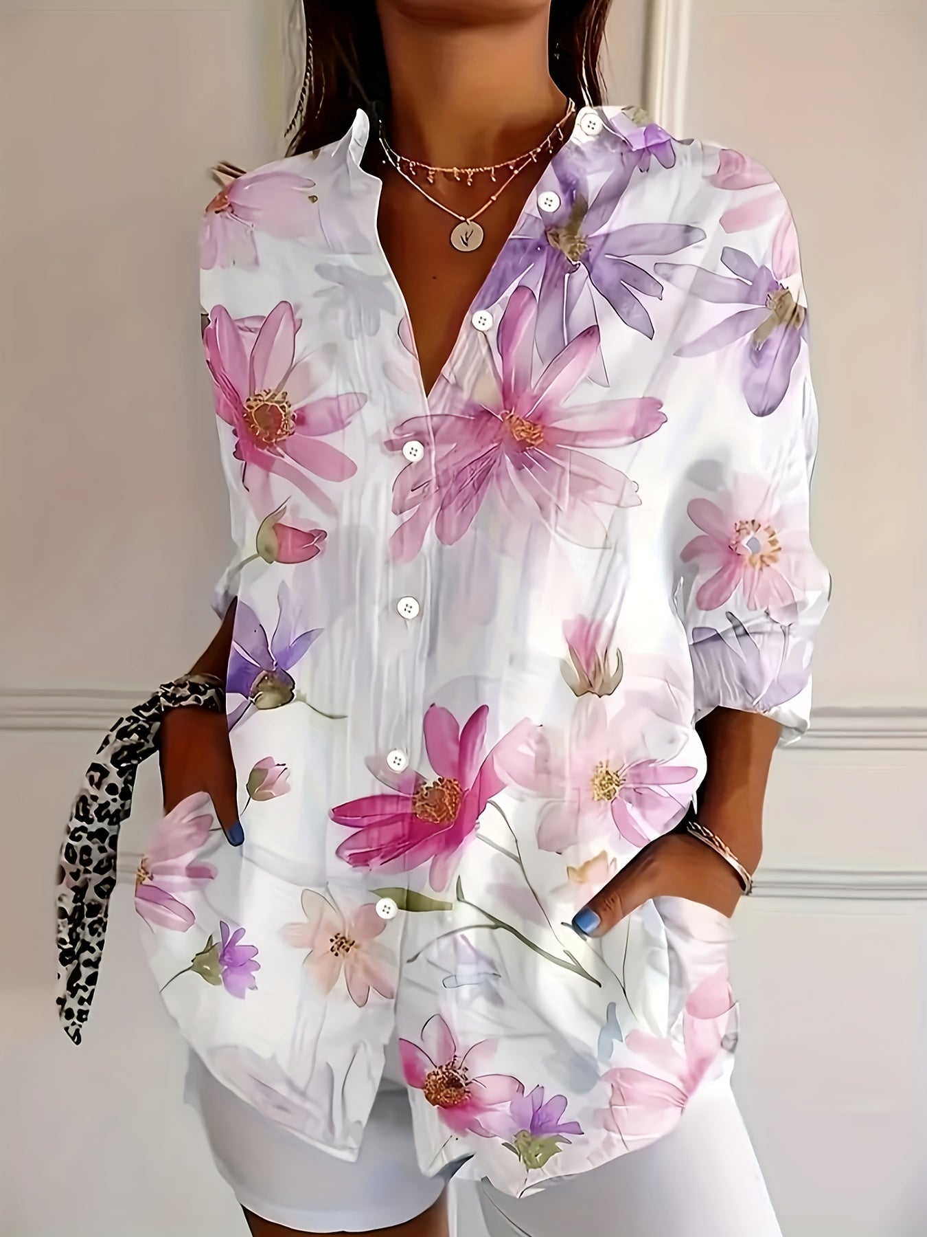 Women'S Floral Print Blouse | Lightweight Polyester | Button-Up with Lapel Collar | Pastel Pink, Purple & White Flowers | Machine Washable | Spring/Summer Fashion Top for Casual or Dressy Occasions, Ladies Blouses